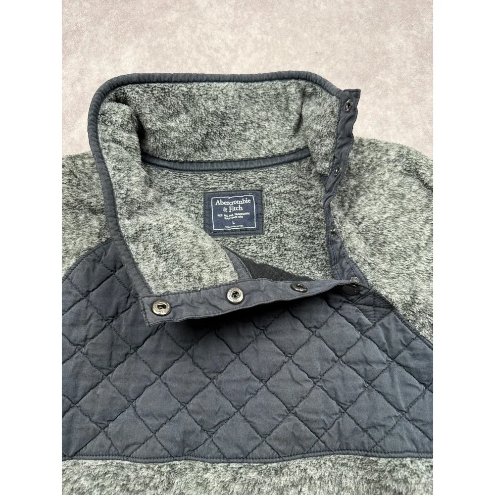 Abercrombie Fitch Quilted‎ Fleece Snap Neck Pullover Sweatshirt Gray Unisex L